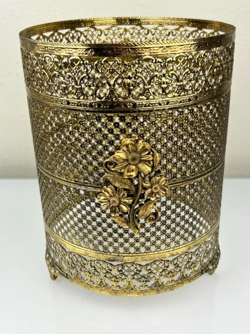 Gold Filigree Ormolu Rose Trash Can Waste Bin Clear Liner Hollywood Regency MCM